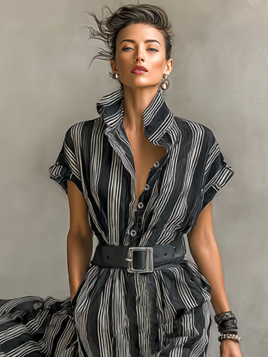 Lenoir™ | Robe Maxy Chiffon Rayée avec Col et Manches Courtes pour Femmes avec Ceinture