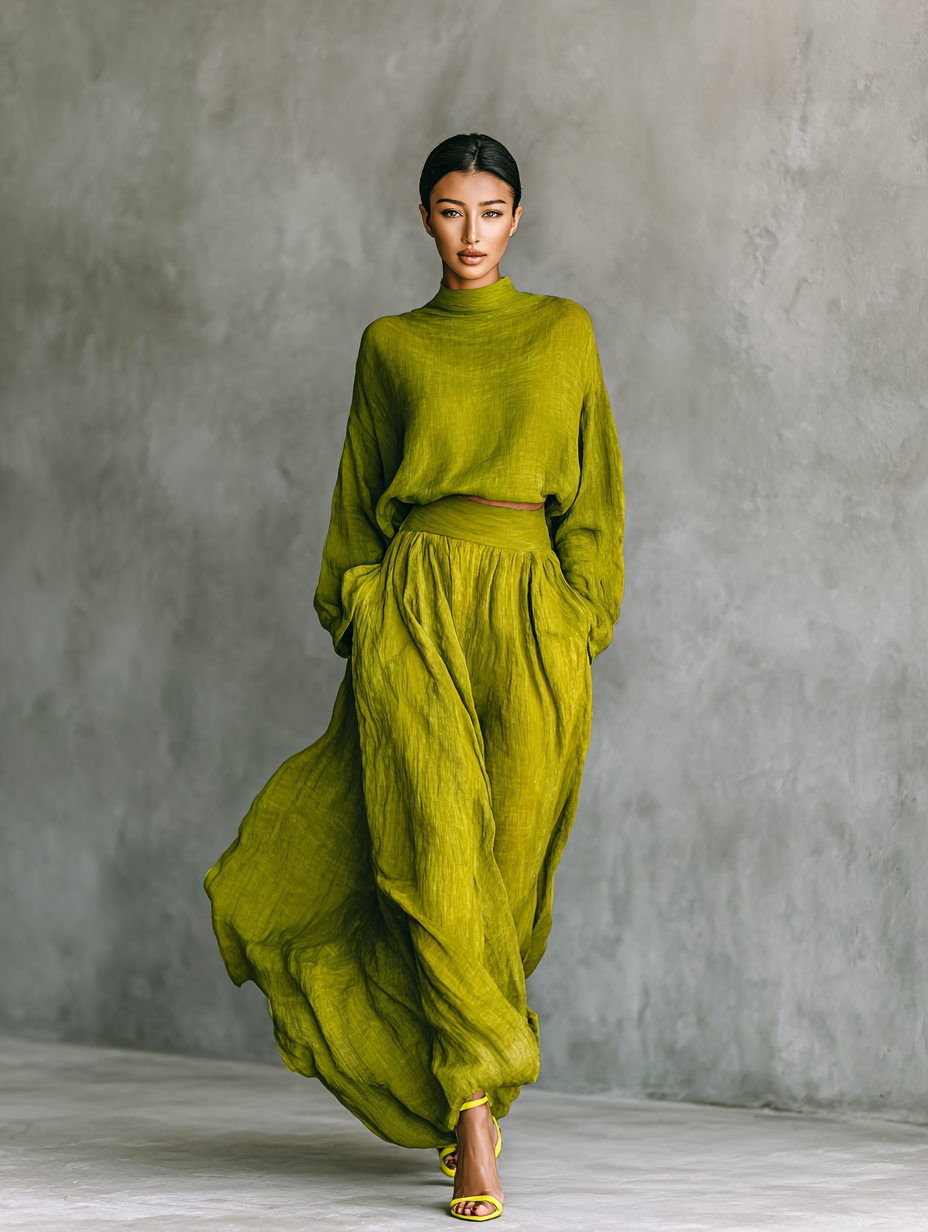 Lenoir™ | Ensemble féminin vert en mélange de coton et de lin