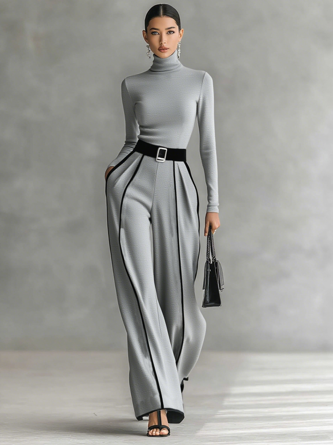 Lenoir™ | Ensemble de deux pièces pour femmes avec un haut à col montant, des manches longues, un pantalon à jambes larges et une ceinture