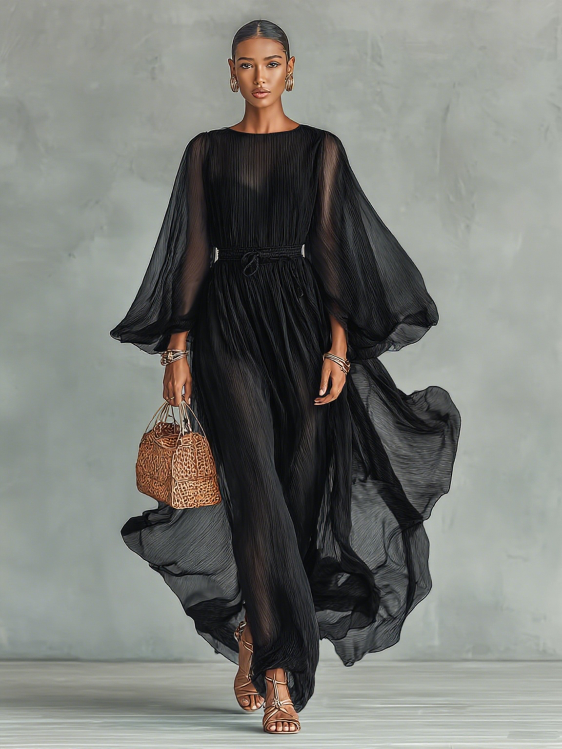 Lenoir™ | Robe Maxi en Chiffon avec Décolleté Rond et Manches Longues pour Femmes, avec Ceinture Réglable
