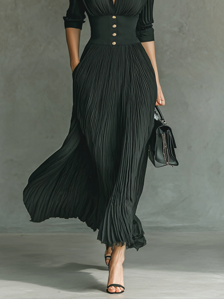 Lenoir™ | Robe Maxi Longue à Manches Longues et Col Revers avec Plis