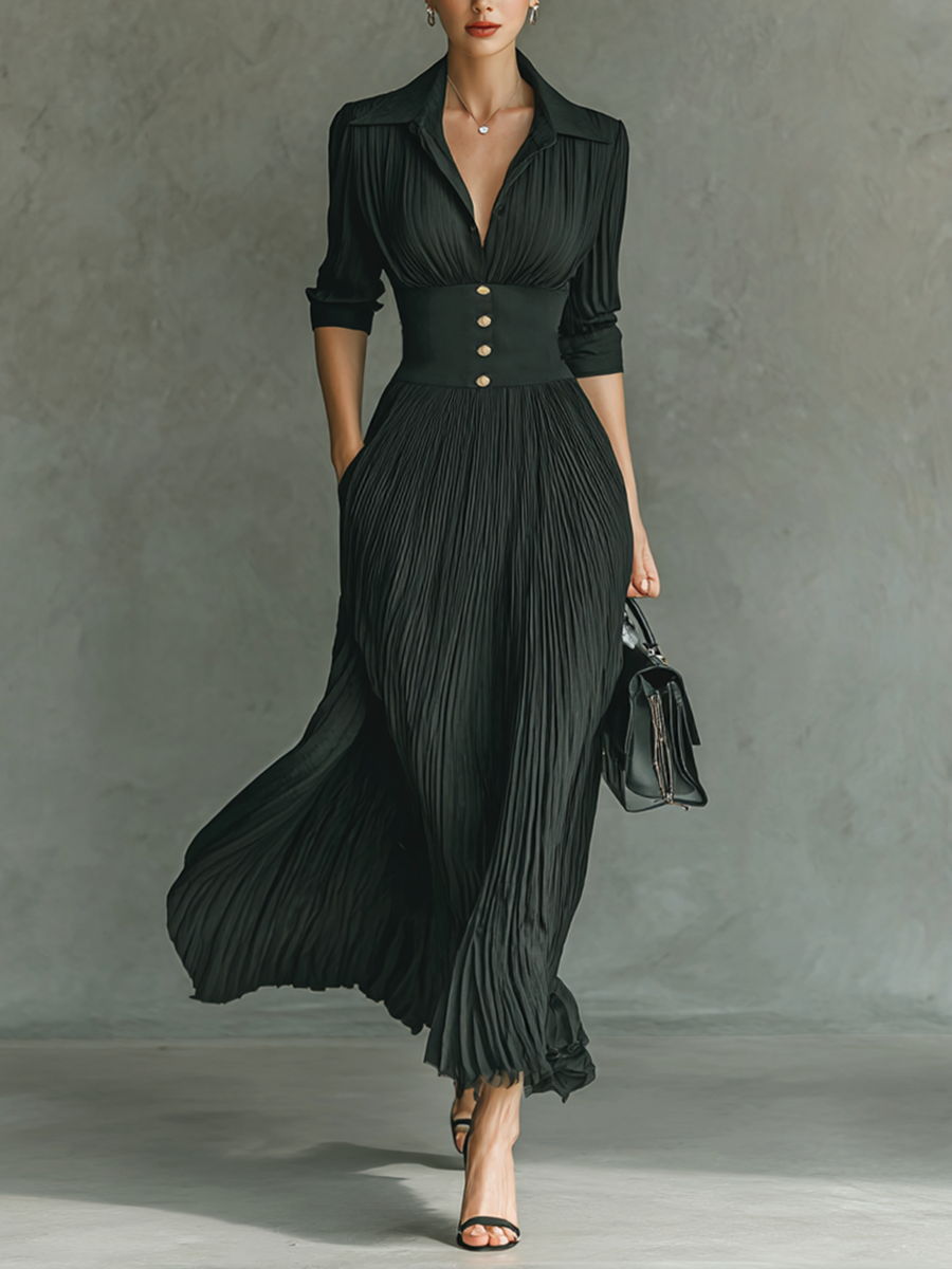Lenoir™ | Robe Maxi Longue à Manches Longues et Col Revers avec Plis