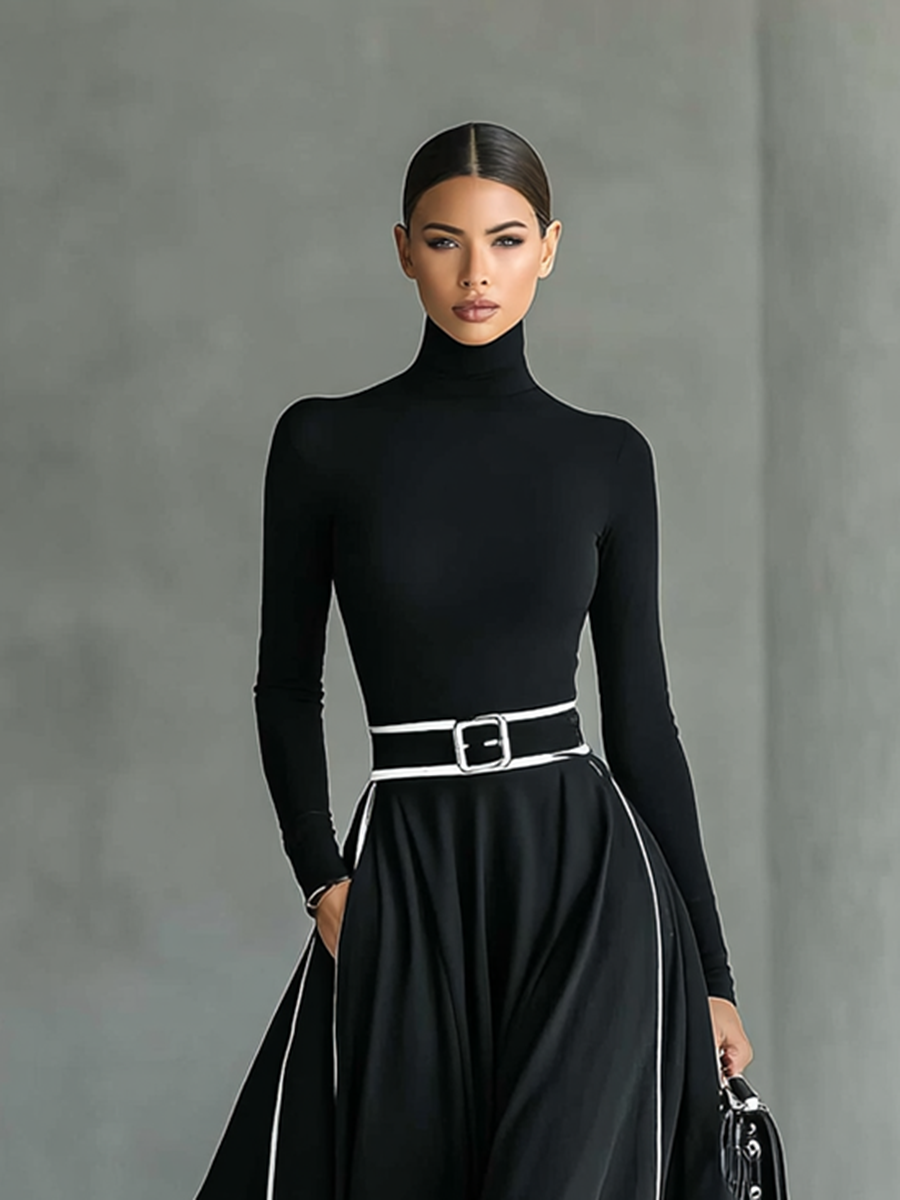 Lenoir™ | Robe Maxi Noire avec Coutures Blanches, Col Haut, Manches Longues et Taille Ajustée