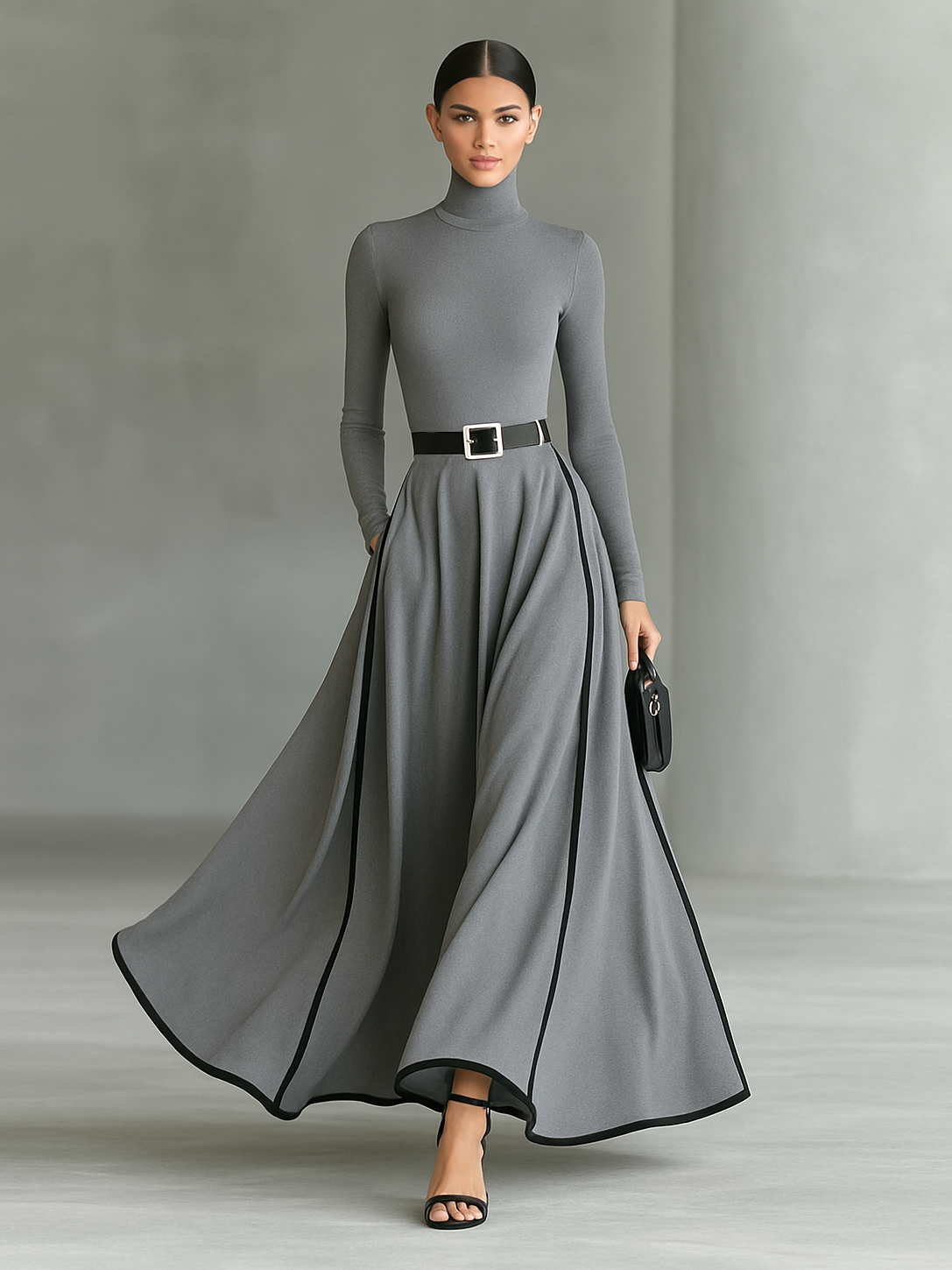 Lenoir™ | Robe Maxi Noire avec Coutures Blanches, Col Haut, Manches Longues et Taille Ajustée