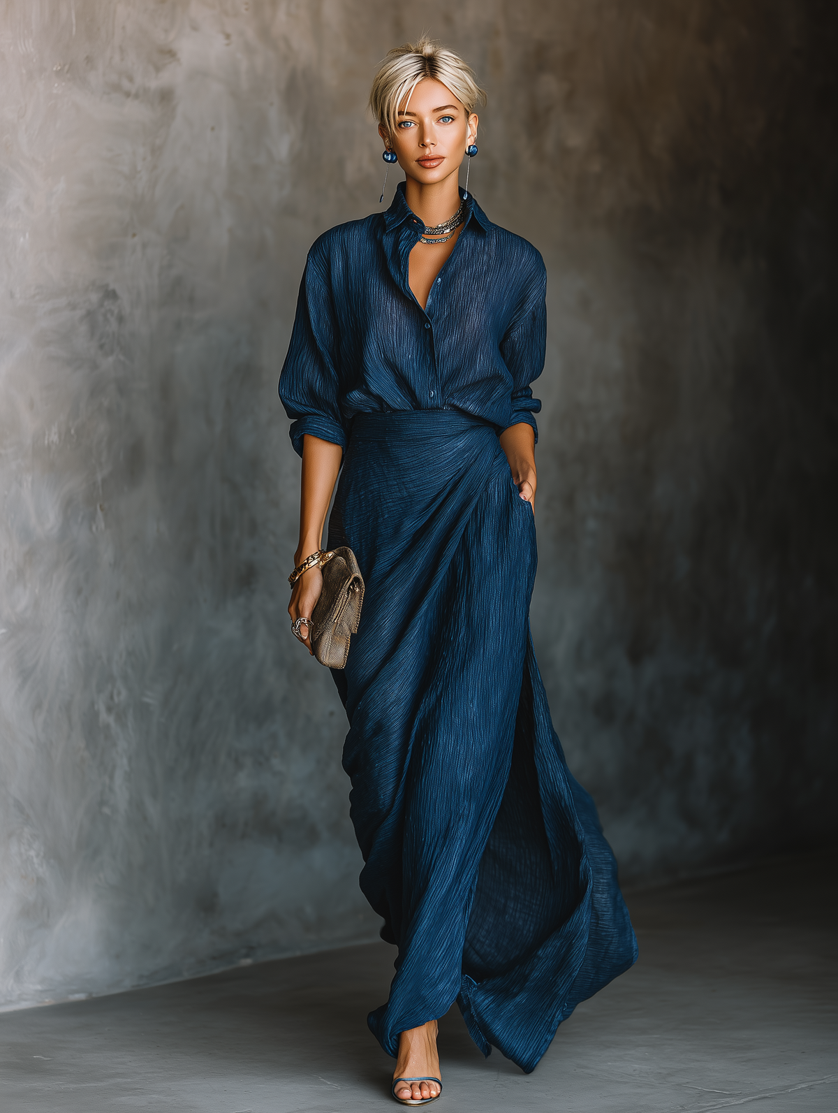 Lenoir™ | Ensemble de Jupe Longue et Chemise Élégante en Coton et Lin de Couleur Marine