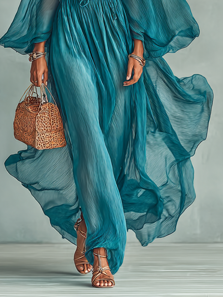 Lenoir™ | Robe Maxi en Chiffon avec Décolleté Rond et Manches Longues pour Femmes, avec Ceinture Réglable