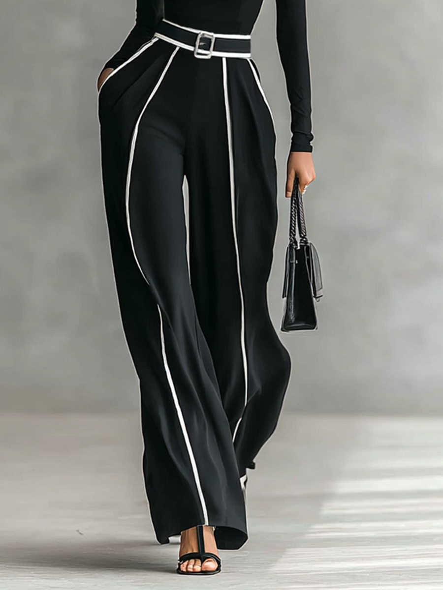 Lenoir™ | Ensemble de deux pièces pour femmes avec un haut à col montant, des manches longues, un pantalon à jambes larges et une ceinture