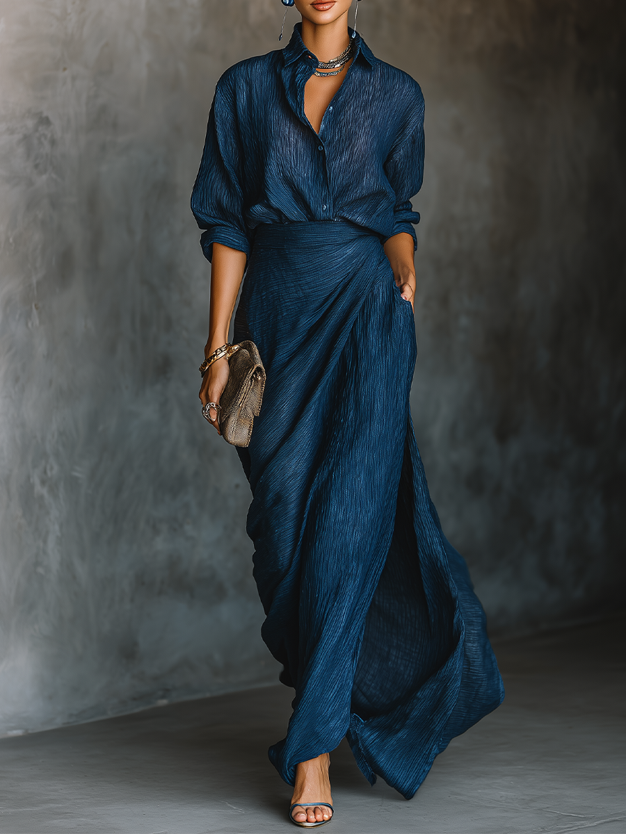 Lenoir™ | Ensemble de Jupe Longue et Chemise Élégante en Coton et Lin de Couleur Marine