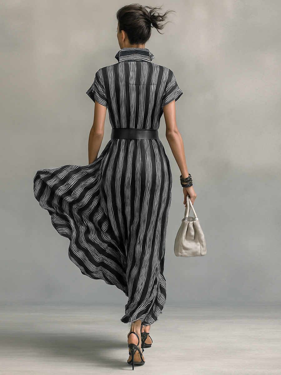 Lenoir™ | Robe Maxy Chiffon Rayée avec Col et Manches Courtes pour Femmes avec Ceinture