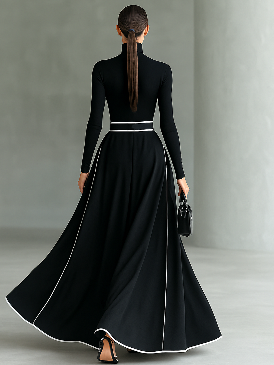 Lenoir™ | Robe Maxi Noire avec Coutures Blanches, Col Haut, Manches Longues et Taille Ajustée