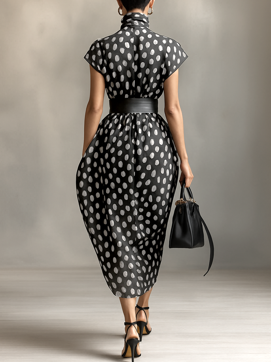 Lenoir™ | Maxi Robe en Chiffon à Pois avec Col Haut