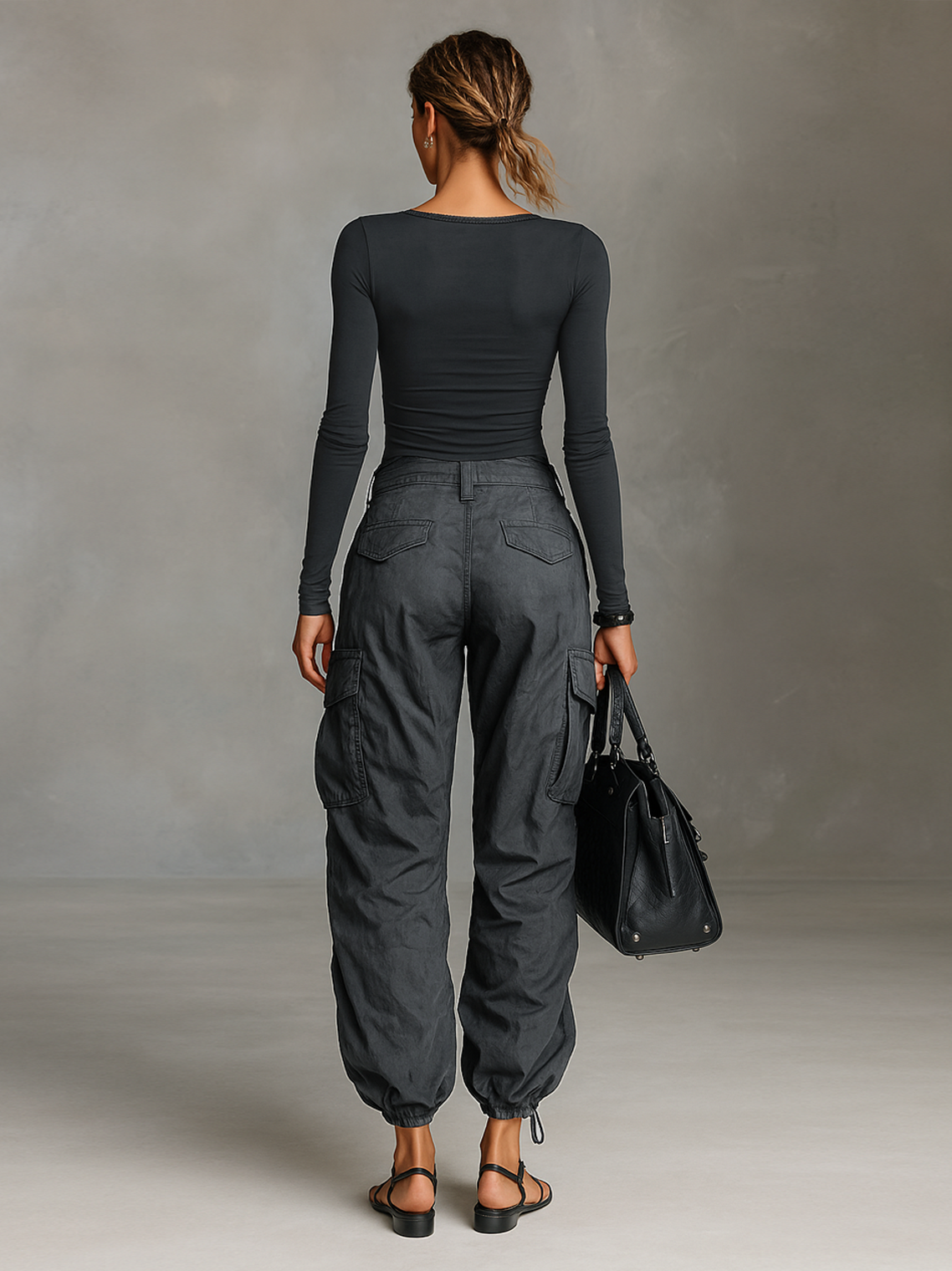 Lenoir™ | Ensemble à Deux Pièces T-Shirt à Manches Longues avec Décolleté Carré et Pantalons Cargo avec de Nombreuses Poches