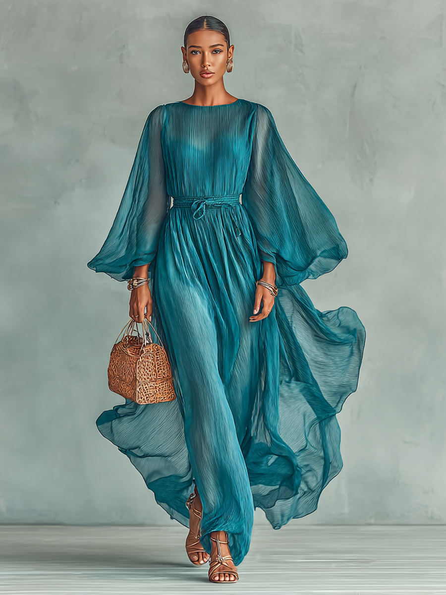 Lenoir™ | Robe Maxi en Chiffon avec Décolleté Rond et Manches Longues pour Femmes, avec Ceinture Réglable