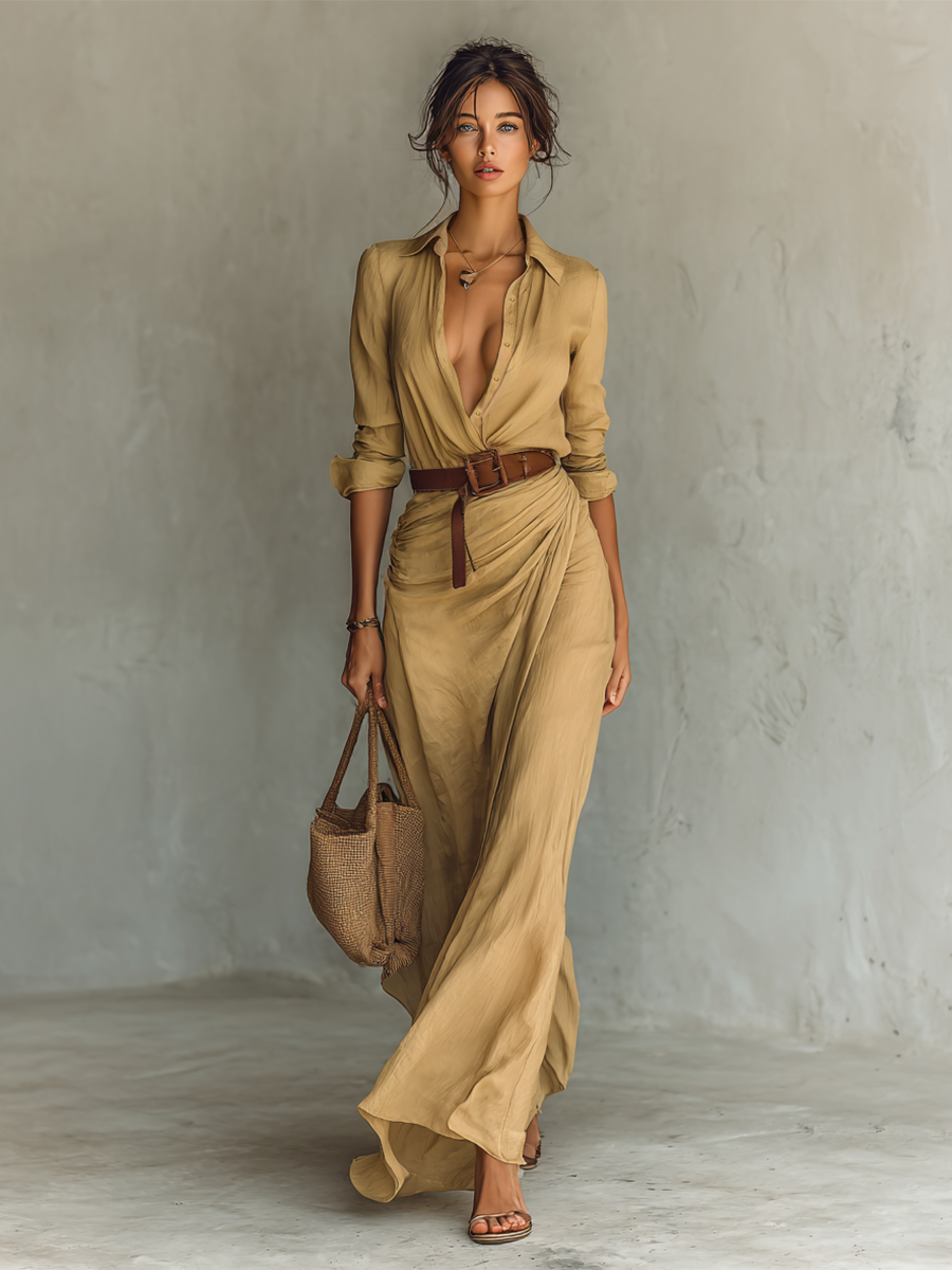 Lenoir™ | Robe Maxi Longue avec Col et Ceinture Inclus