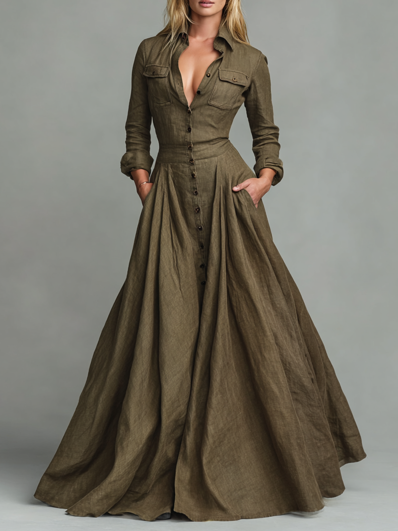 Lenoir™ | Robe Maxi Vintage en Coton et Lin pour Femmes avec Design Chemisier