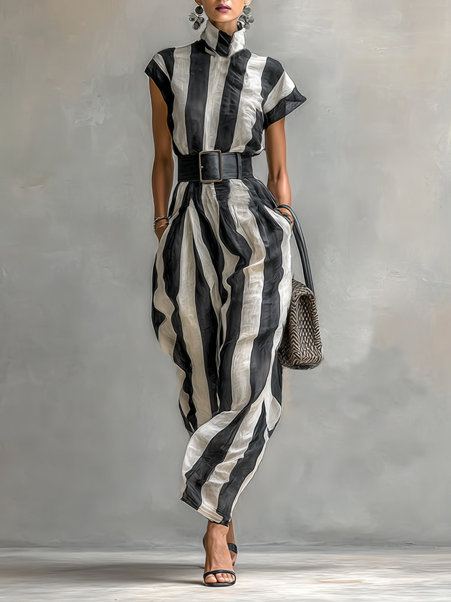 Lenoir™ | Robe Maxi en Chiffon avec Col Haut et Manches Courtes