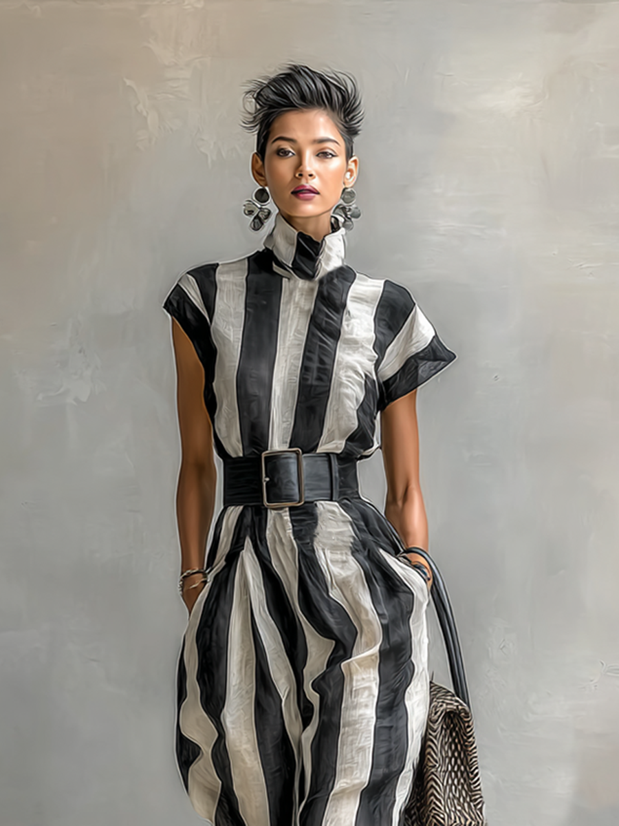 Lenoir™ | Robe Maxi en Chiffon avec Col Haut et Manches Courtes
