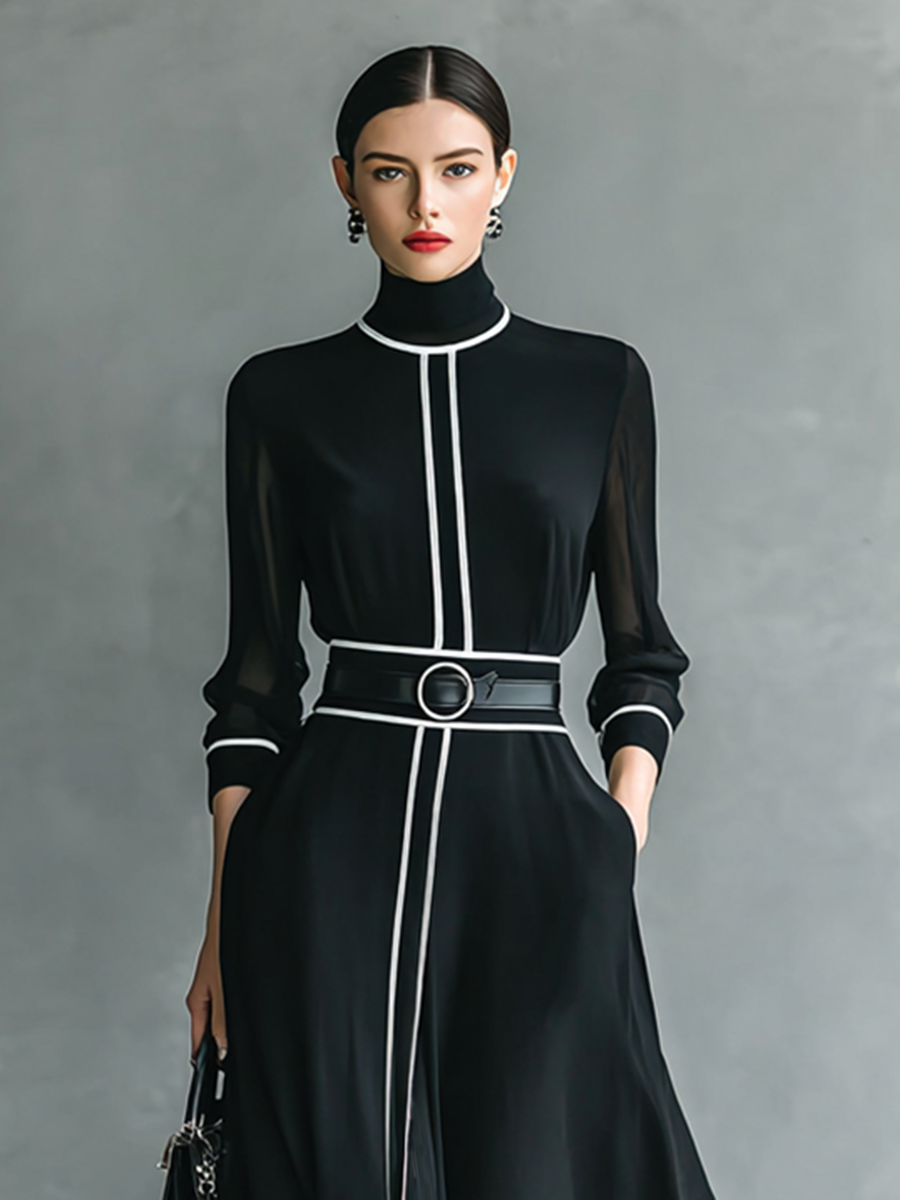 Lenoir™ | Maxi Robe en Chiffon avec Col Haut et Manches Longues pour Femmes avec Finition Blanche