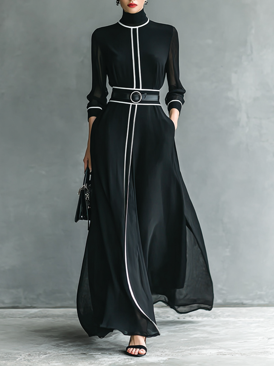 Lenoir™ | Maxi Robe en Chiffon avec Col Haut et Manches Longues pour Femmes avec Finition Blanche