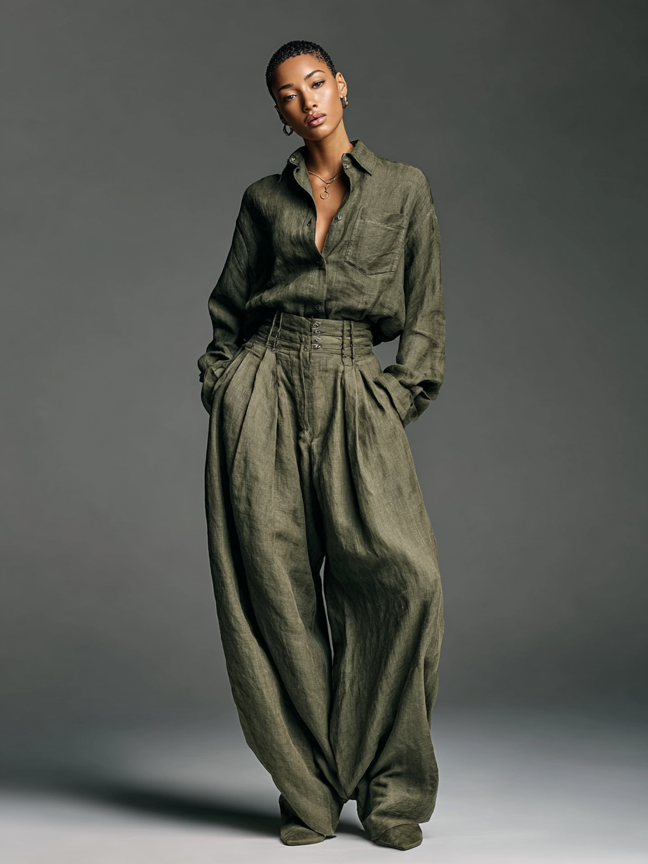 Lenoir™ | Ensemble Deux Pièces Femme en Coton et Lin avec Chemise à Manches Longues et Pantalon à Jambe Large