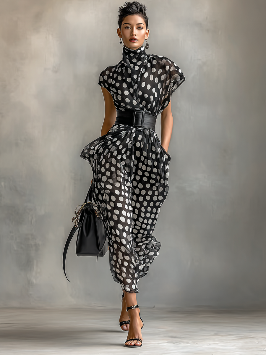 Lenoir™ | Maxi Robe en Chiffon à Pois avec Col Haut