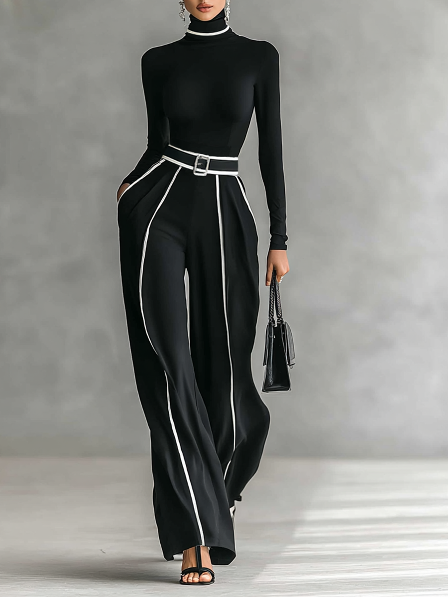 Lenoir™ | Ensemble de deux pièces pour femmes avec un haut à col montant, des manches longues, un pantalon à jambes larges et une ceinture