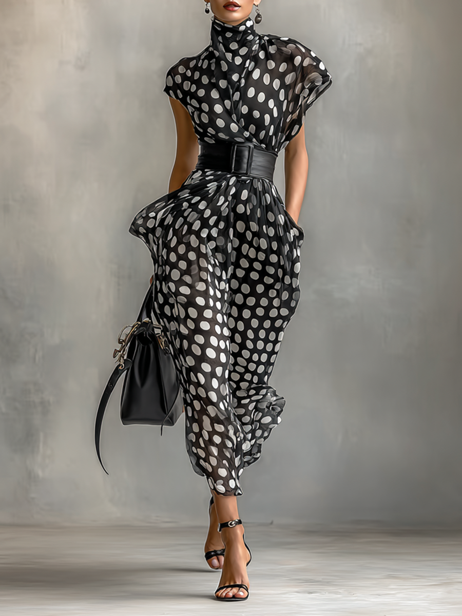 Lenoir™ | Maxi Robe en Chiffon à Pois avec Col Haut