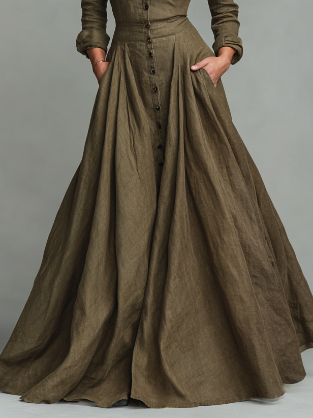 Lenoir™ | Robe Maxi Vintage en Coton et Lin pour Femmes avec Design Chemisier