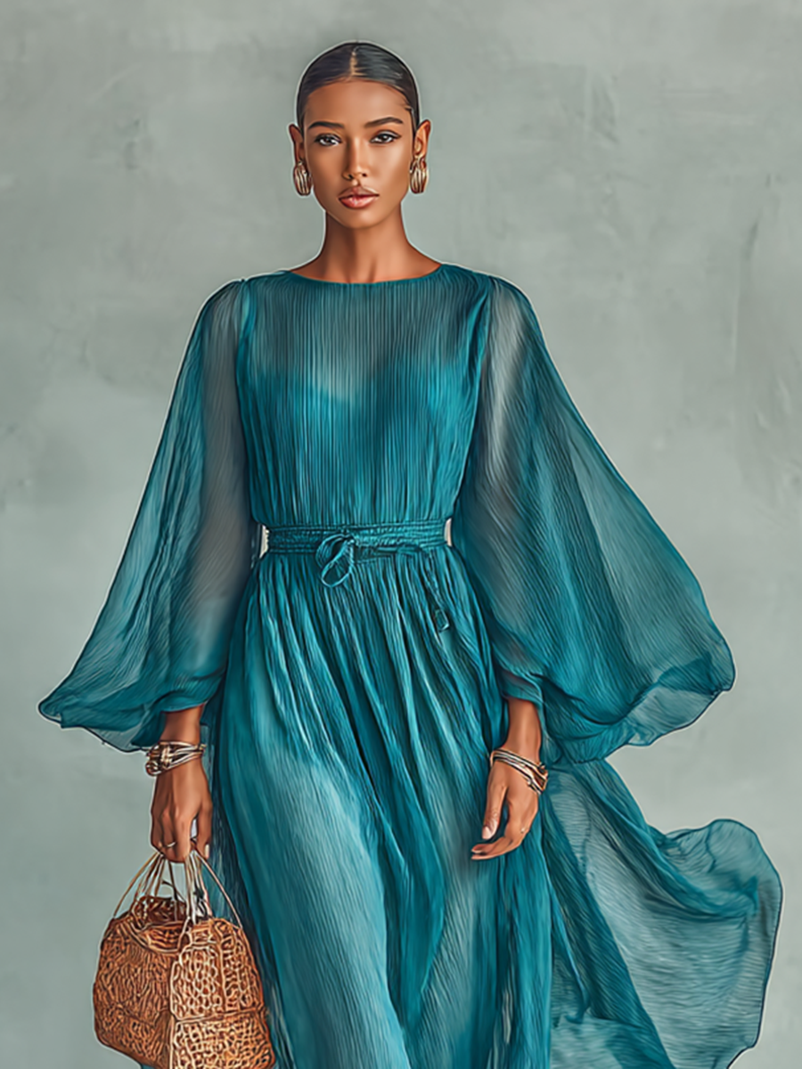 Lenoir™ | Robe Maxi en Chiffon avec Décolleté Rond et Manches Longues pour Femmes, avec Ceinture Réglable