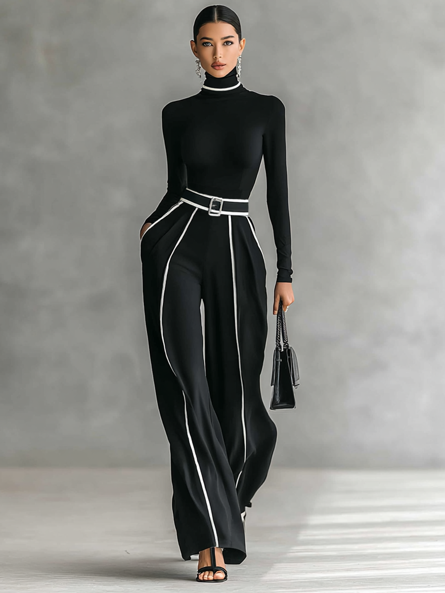 Lenoir™ | Ensemble de deux pièces pour femmes avec un haut à col montant, des manches longues, un pantalon à jambes larges et une ceinture
