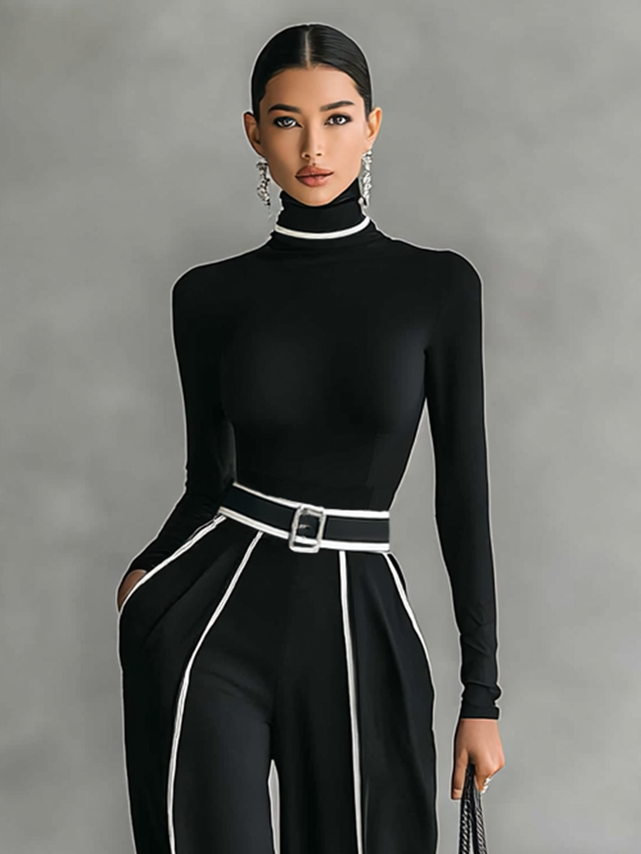 Lenoir™ | Ensemble de deux pièces pour femmes avec un haut à col montant, des manches longues, un pantalon à jambes larges et une ceinture