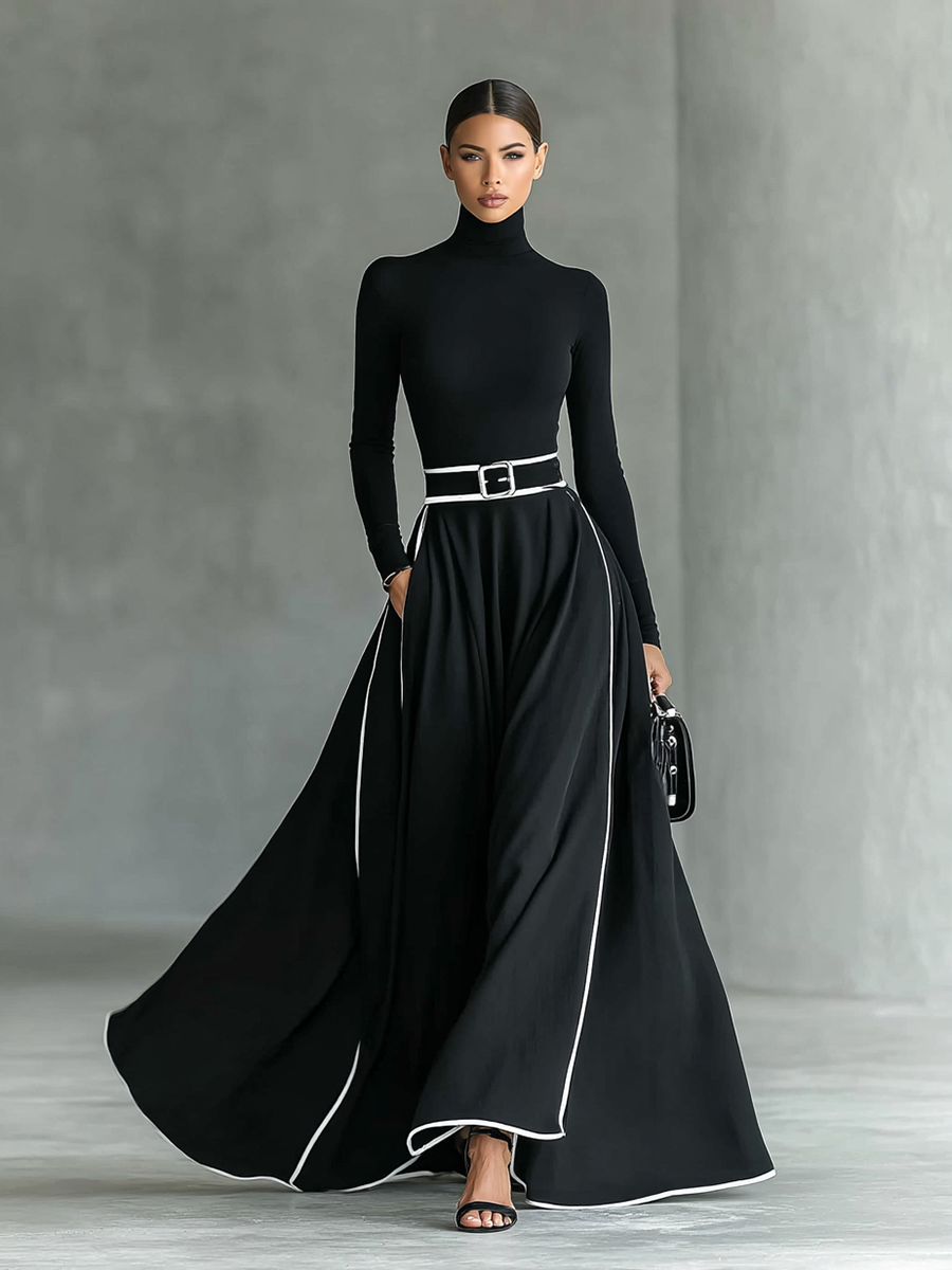 Lenoir™ | Robe Maxi Noire avec Coutures Blanches, Col Haut, Manches Longues et Taille Ajustée