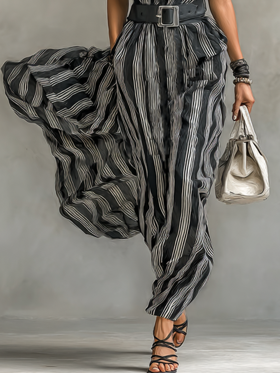 Lenoir™ | Robe Maxy Chiffon Rayée avec Col et Manches Courtes pour Femmes avec Ceinture