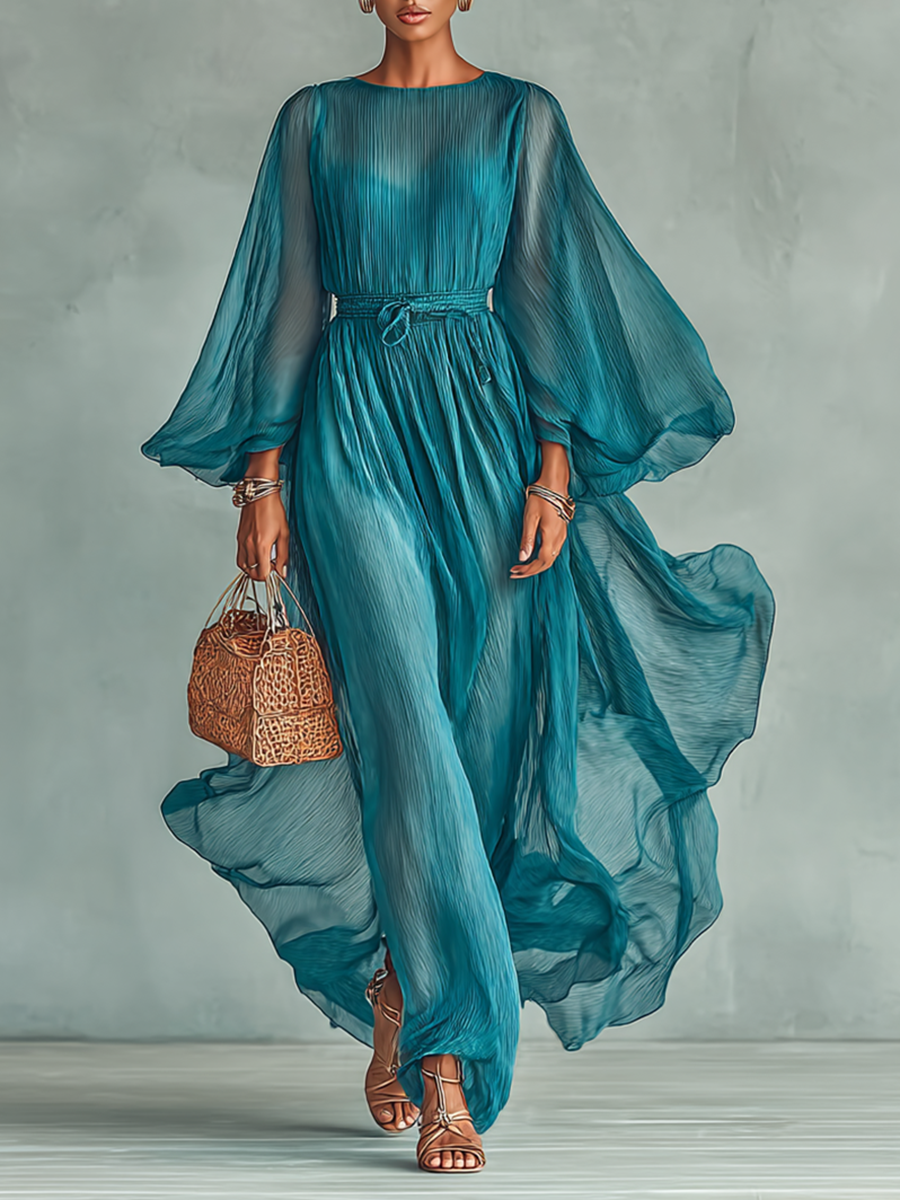 Lenoir™ | Robe Maxi en Chiffon avec Décolleté Rond et Manches Longues pour Femmes, avec Ceinture Réglable