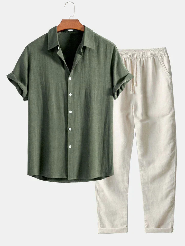 Lenoir™ | Ensemble chemise en mélange de lin et pantalon droit