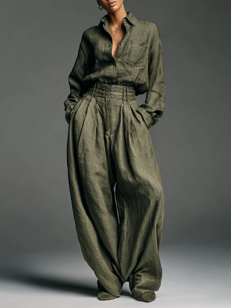 Lenoir™ | Ensemble Deux Pièces Femme en Coton et Lin avec Chemise à Manches Longues et Pantalon à Jambe Large