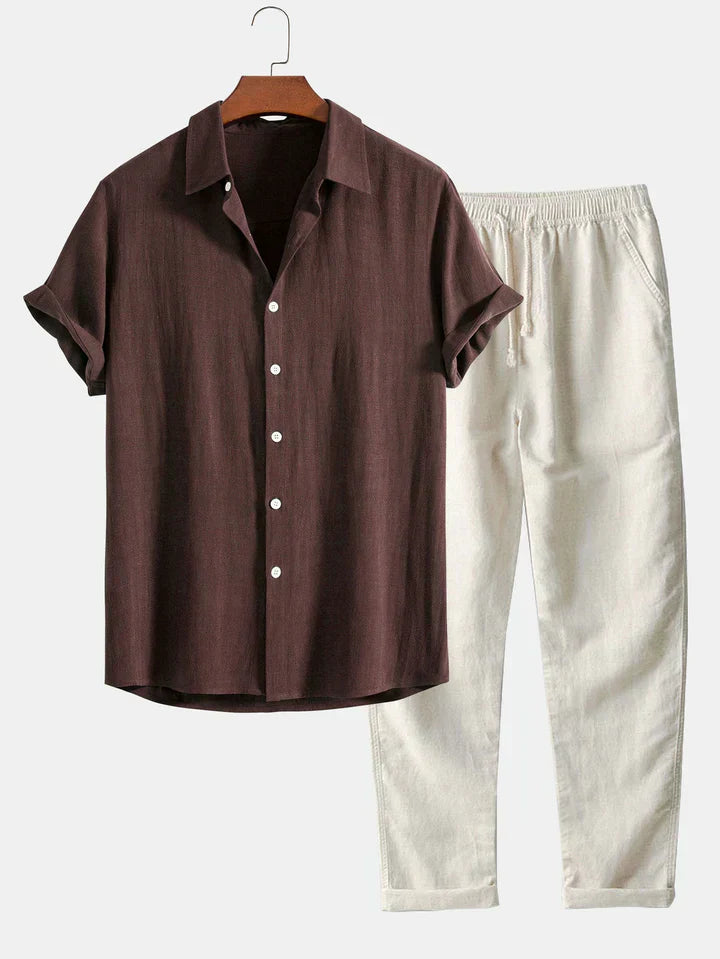 Lenoir™ | Ensemble chemise en mélange de lin et pantalon droit