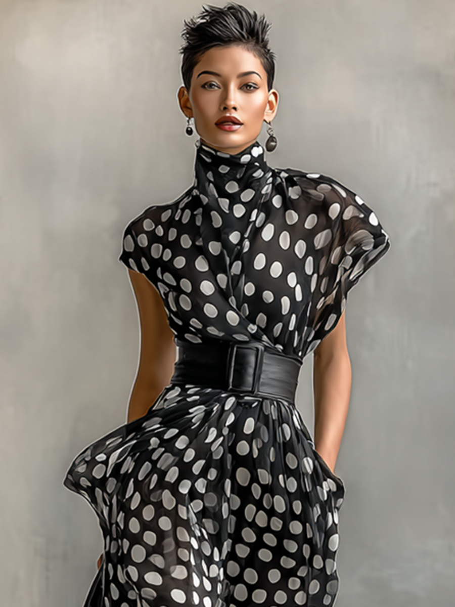 Lenoir™ | Maxi Robe en Chiffon à Pois avec Col Haut