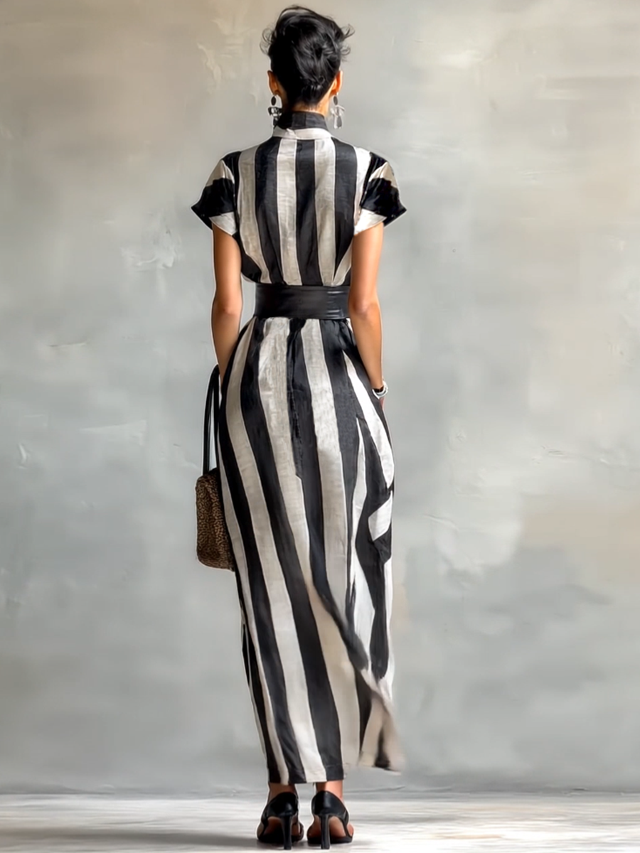 Lenoir™ | Robe Maxi en Chiffon avec Col Haut et Manches Courtes