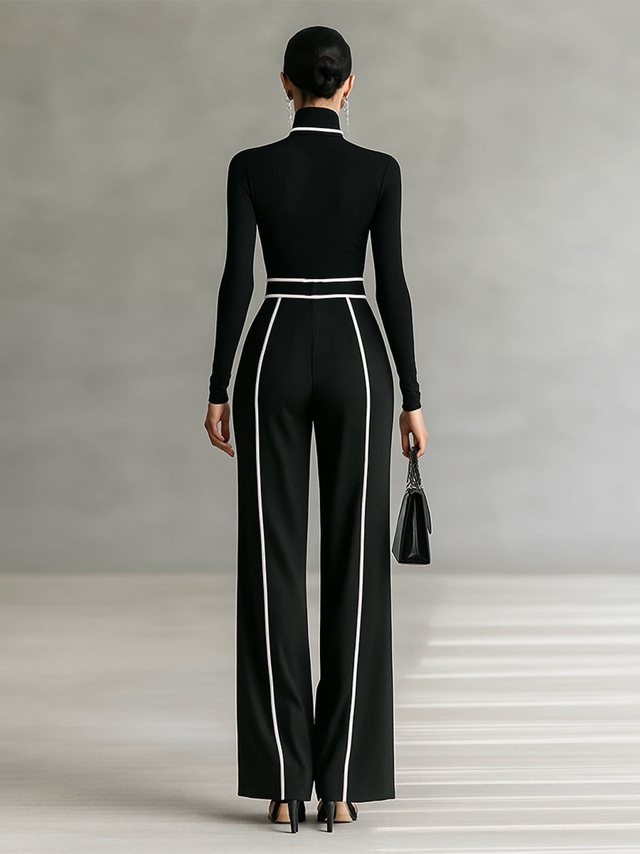 Lenoir™ | Ensemble de deux pièces pour femmes avec un haut à col montant, des manches longues, un pantalon à jambes larges et une ceinture