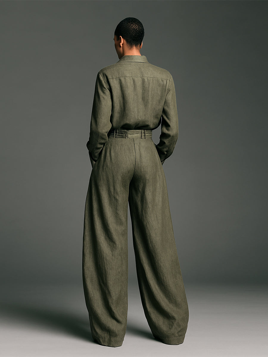 Lenoir™ | Ensemble Deux Pièces Femme en Coton et Lin avec Chemise à Manches Longues et Pantalon à Jambe Large