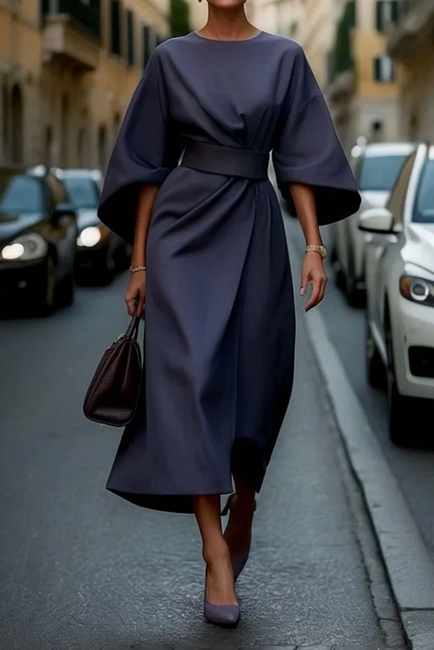 Sonia | Robe élégante avec manches lanterne et ceinture