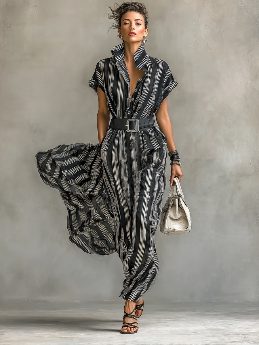 Lenoir™ | Robe Maxy Chiffon Rayée avec Col et Manches Courtes pour Femmes avec Ceinture