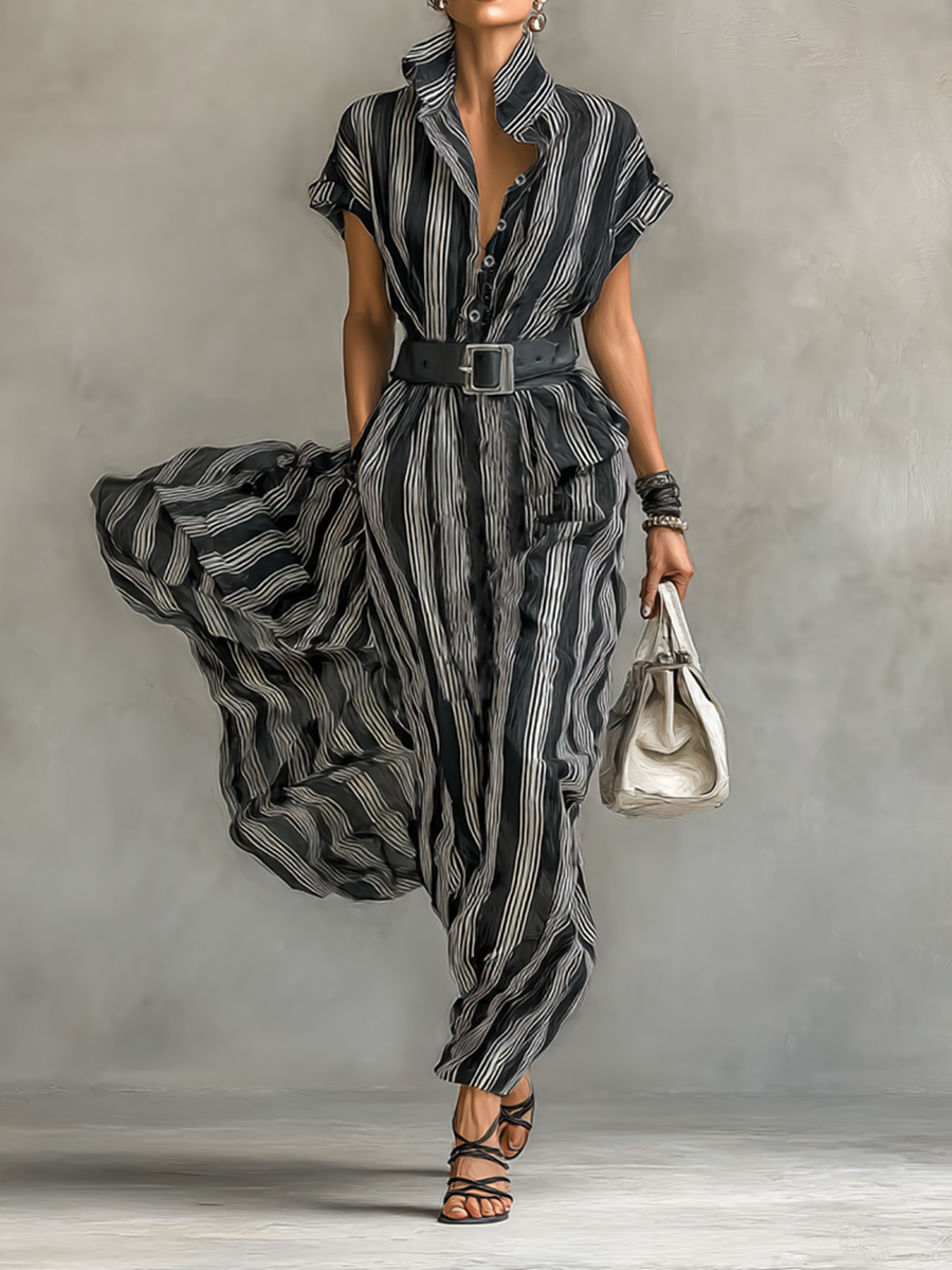 Lenoir™ | Robe Maxy Chiffon Rayée avec Col et Manches Courtes pour Femmes avec Ceinture