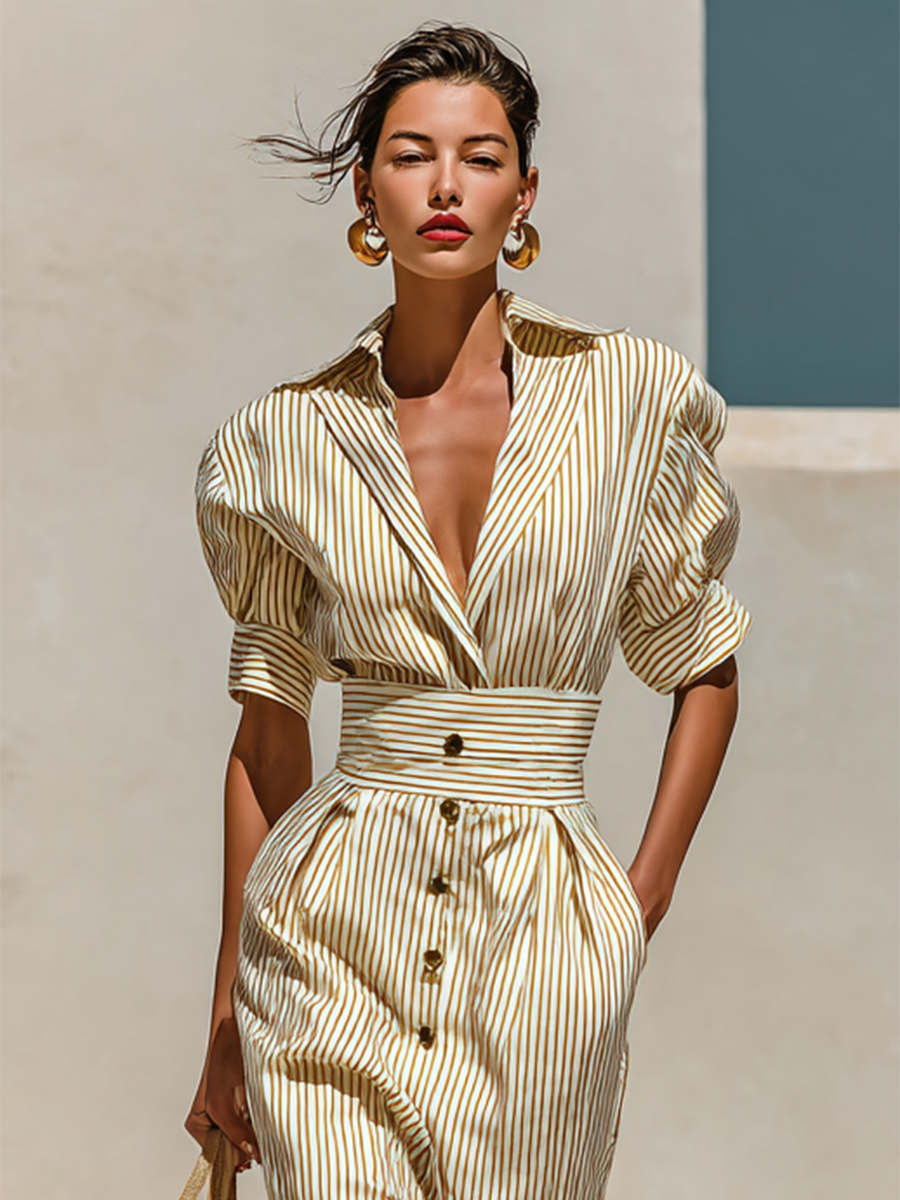 Lenoir™ | Robe Midi Rayée avec Col et Manches Courtes