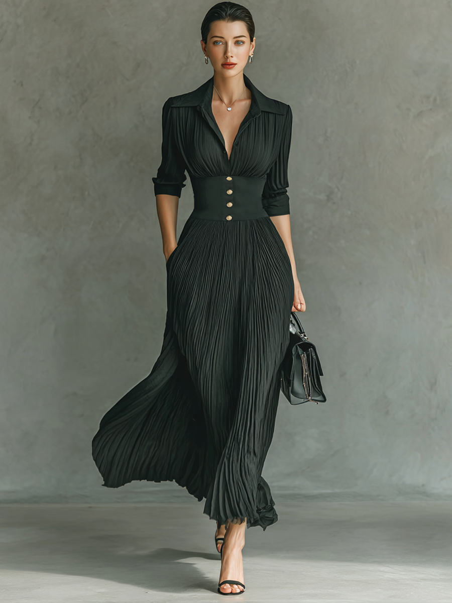 Lenoir™ | Robe Maxi Longue à Manches Longues et Col Revers avec Plis