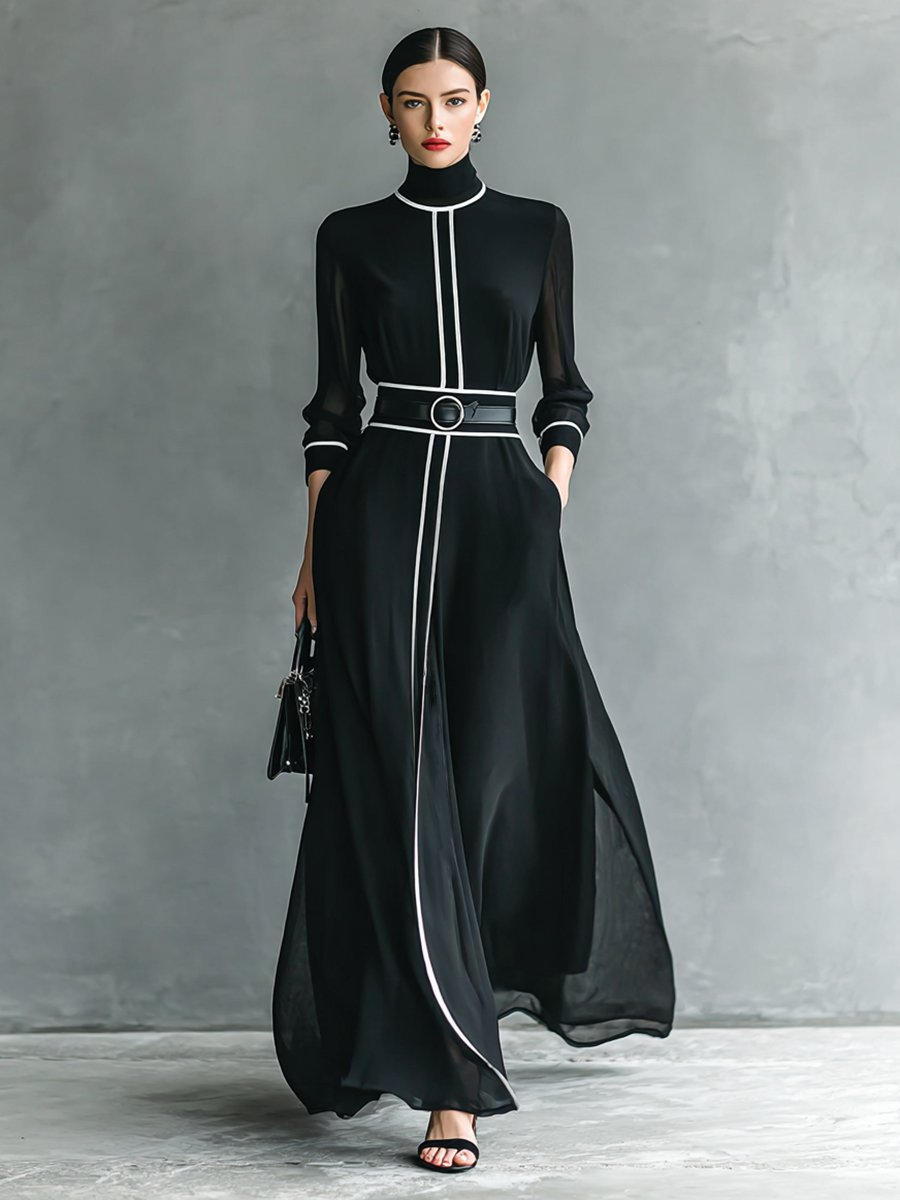 Lenoir™ | Maxi Robe en Chiffon avec Col Haut et Manches Longues pour Femmes avec Finition Blanche
